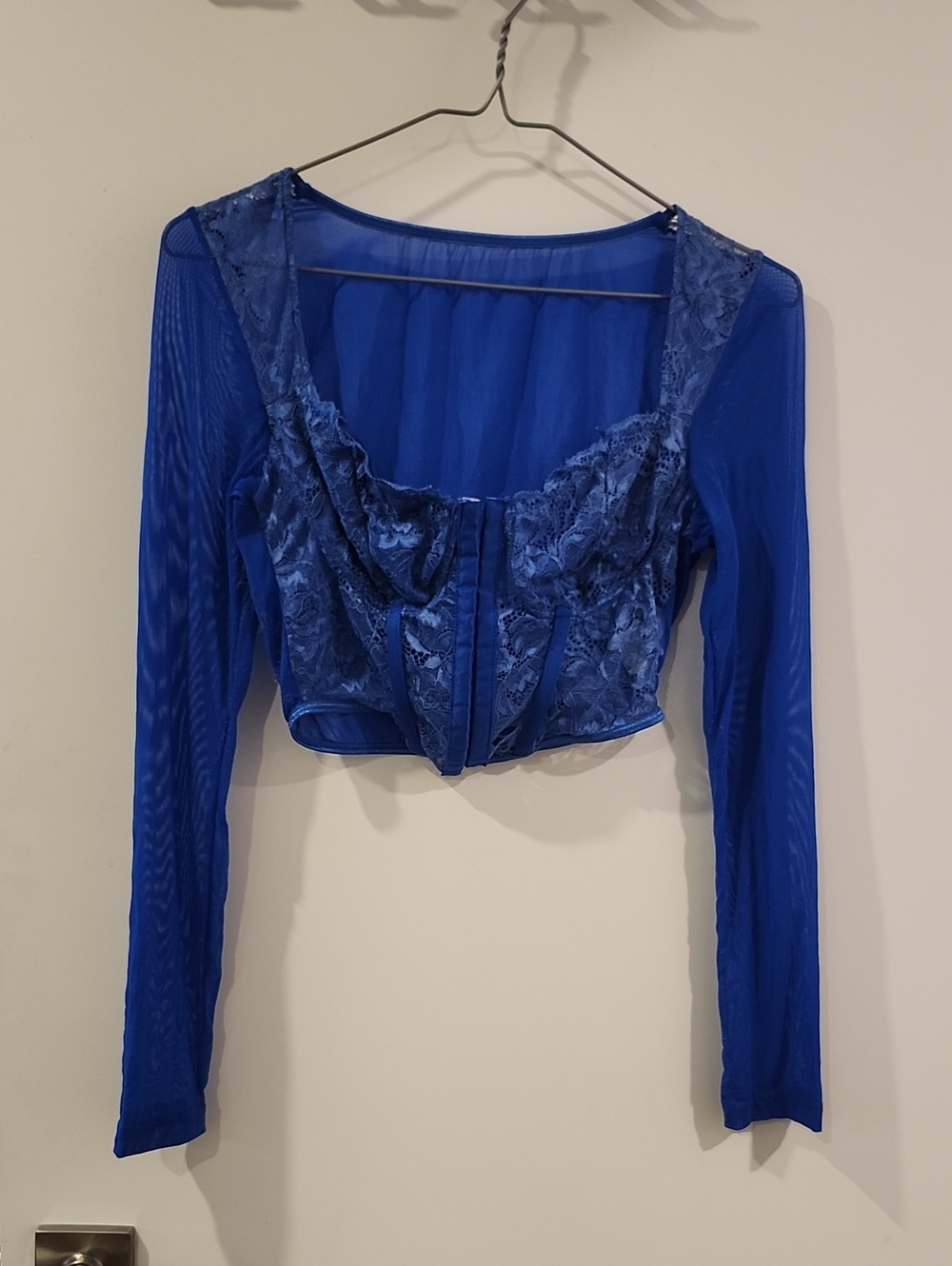 P2P 14" Blue Lace-Front Long Sleeve Crop Top